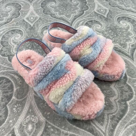 Womens UGG Fluff Yeah Slides Cali Collage Pride Stripes - Picture 1 of 5